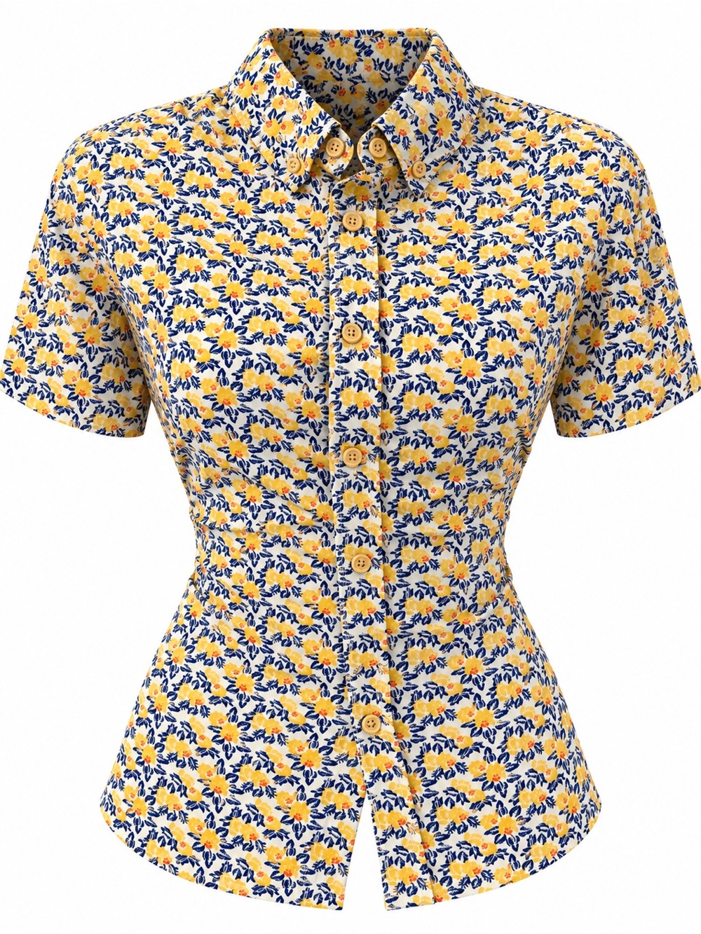 Ben Sherman Women's Yellow Blue Floral Stretch Button Up Shirt S